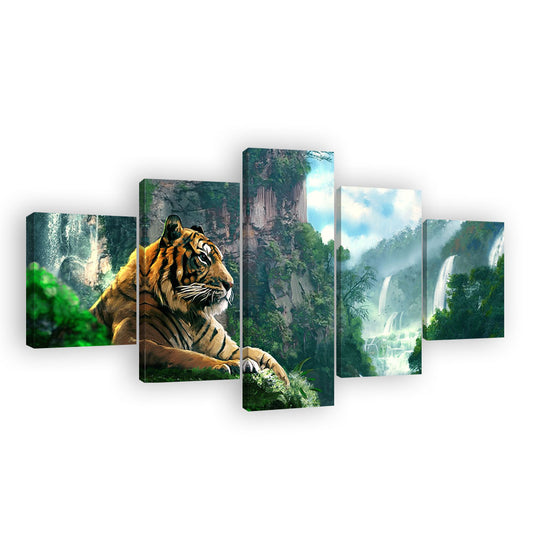 Wild Tiger with Mountain Waterfall Canvas Wall Art