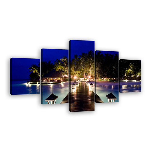 Beach Resort Night View Canvas Wall Art