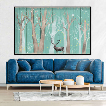 Deer in Whimsical Winter Woods Canvas Wall Art