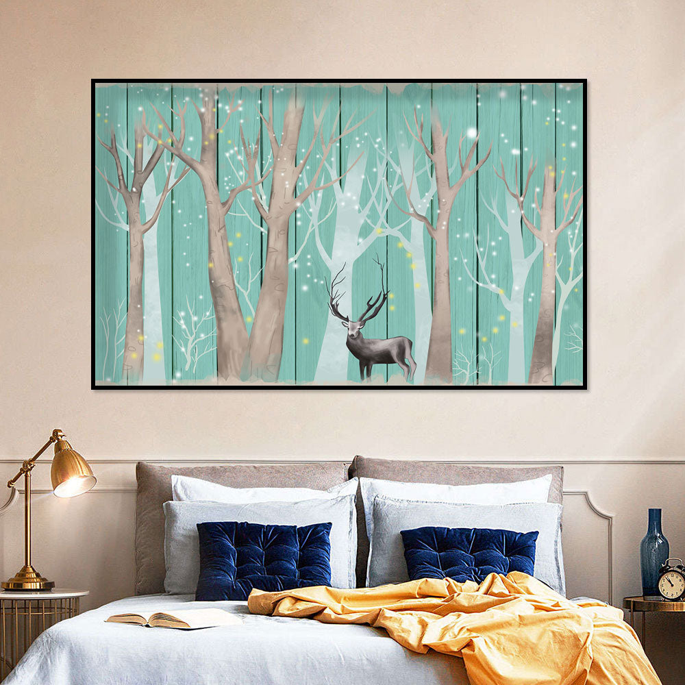 Deer in Whimsical Winter Woods Canvas Wall Art