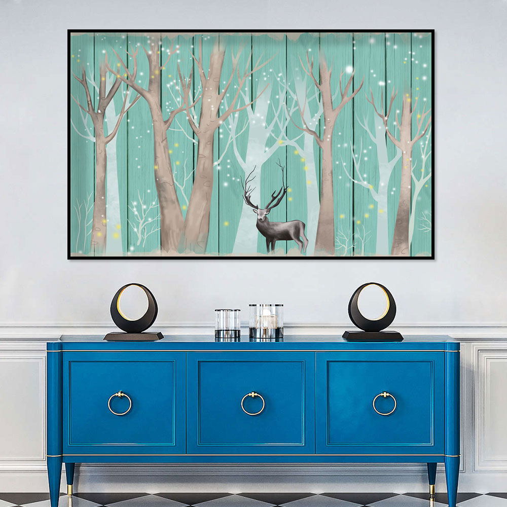 Deer in Whimsical Winter Woods Canvas Wall Art