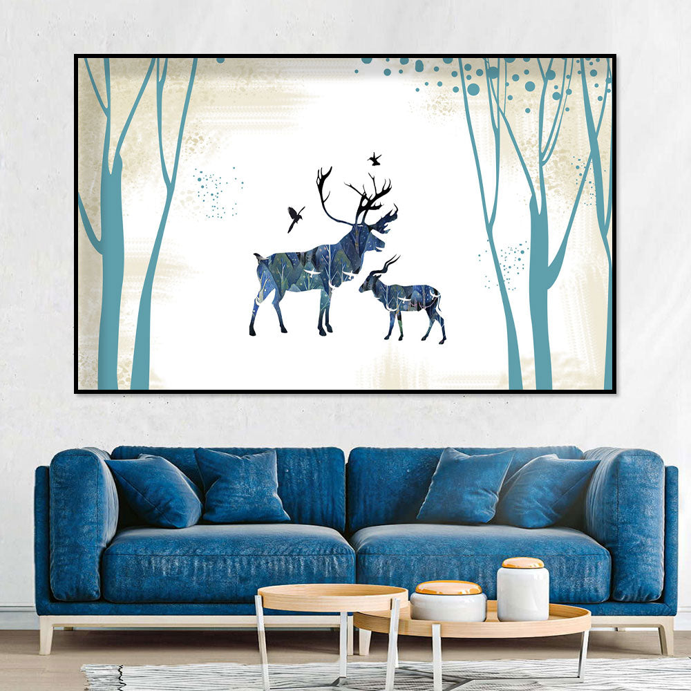 Blue Deer in Abstract Forest Canvas Wall Art