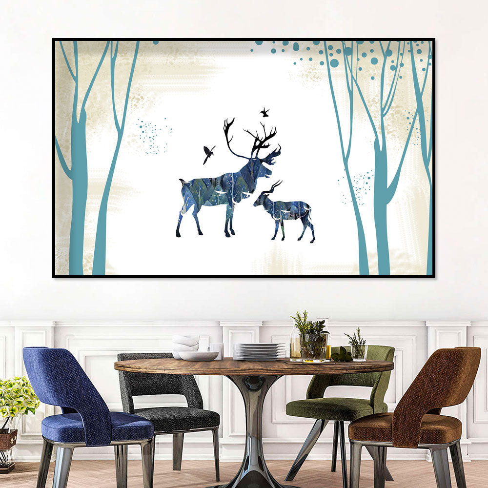 Blue Deer in Abstract Forest Canvas Wall Art