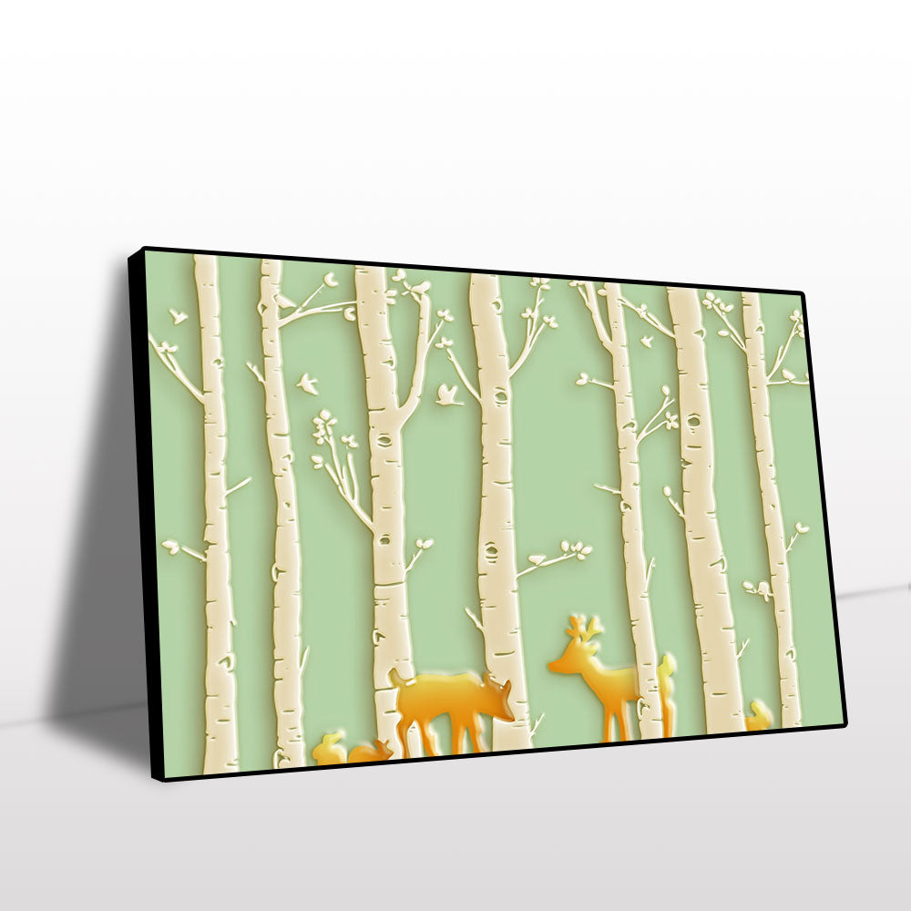 Golden Deer in Spring Birch Forest Canvas Wall Art