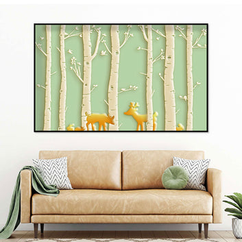 Golden Deer in Spring Birch Forest Canvas Wall Art