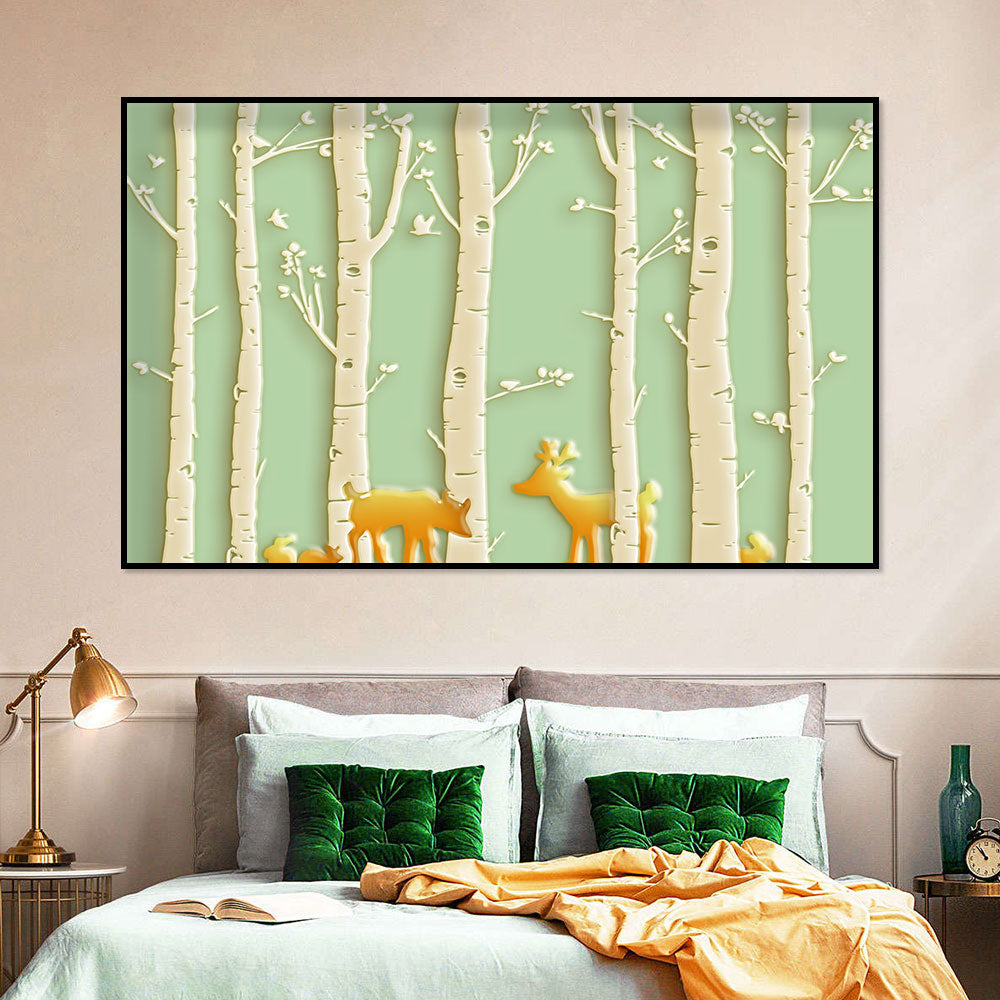 Golden Deer in Spring Birch Forest Canvas Wall Art