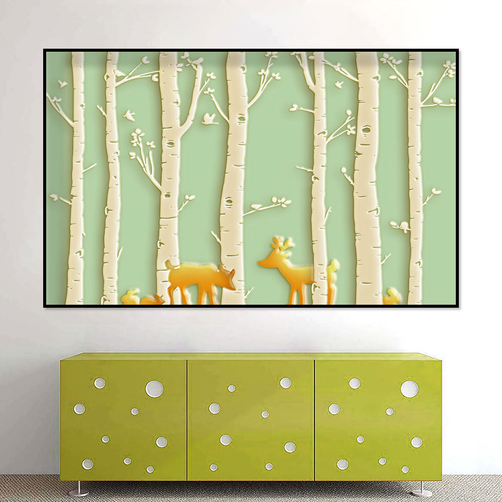 Golden Deer in Spring Birch Forest Canvas Wall Art