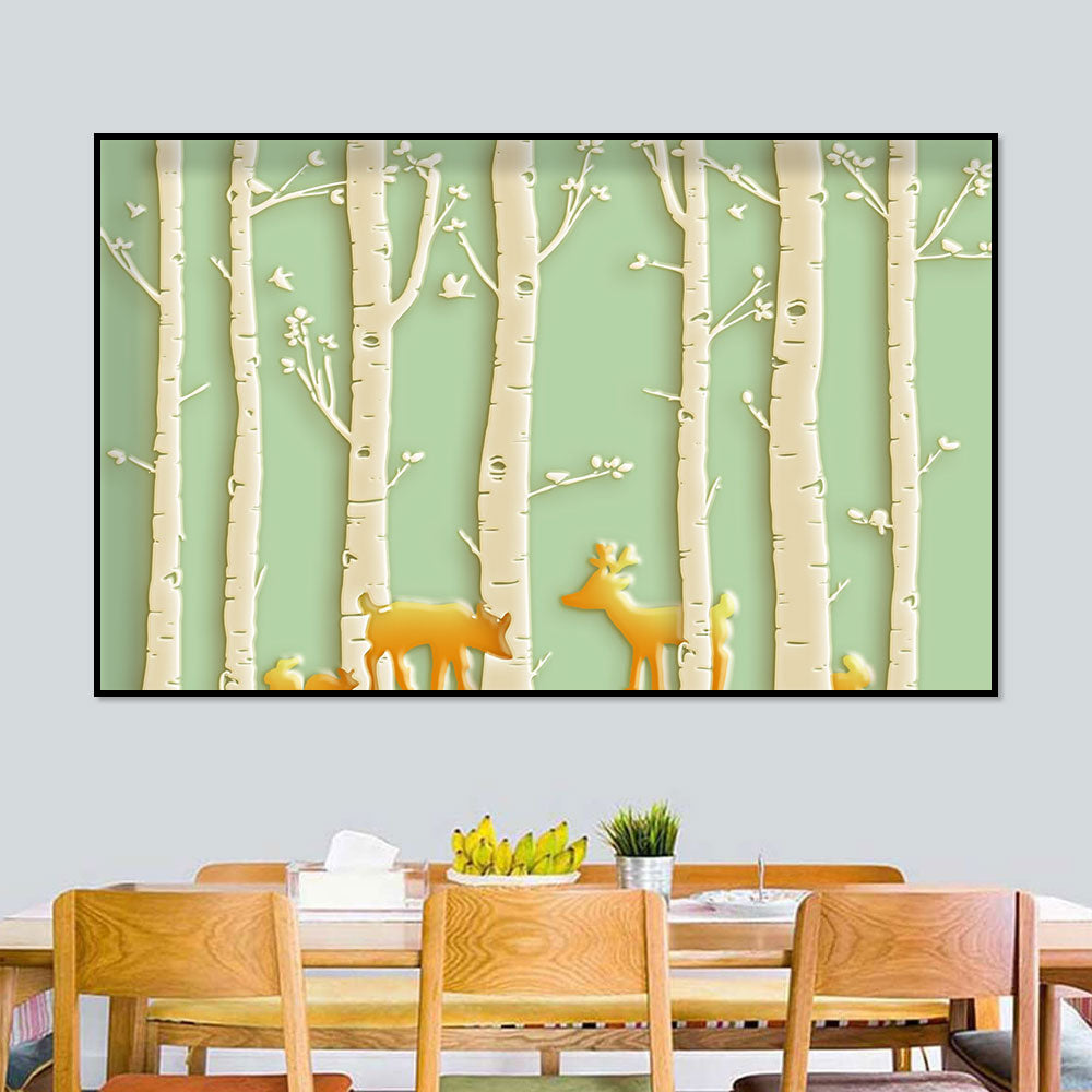 Golden Deer in Spring Birch Forest Canvas Wall Art