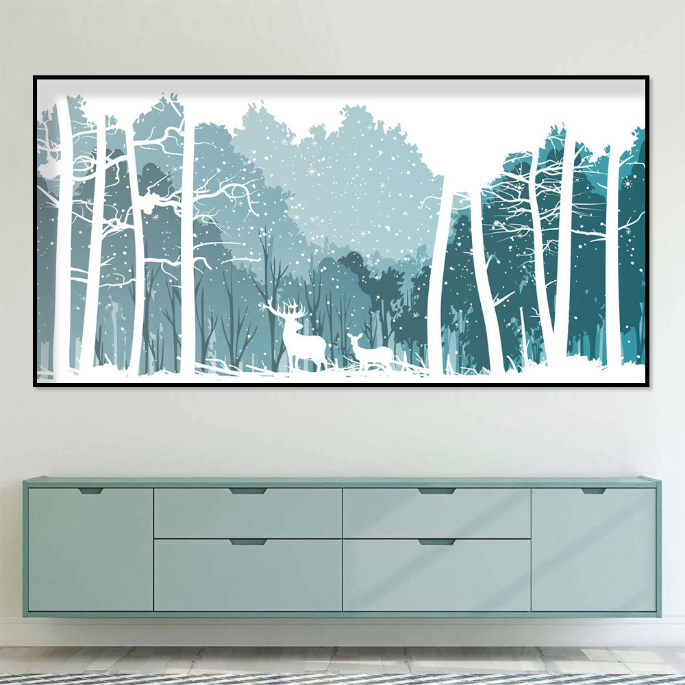 Snowy Deer in Winter Forest Canvas Wall Art