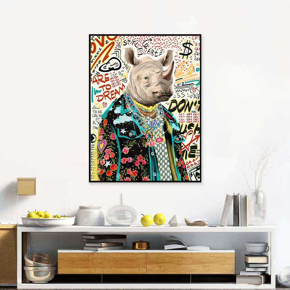 Rhino in Fashion Clothes Graffiti Canvas Wall Art