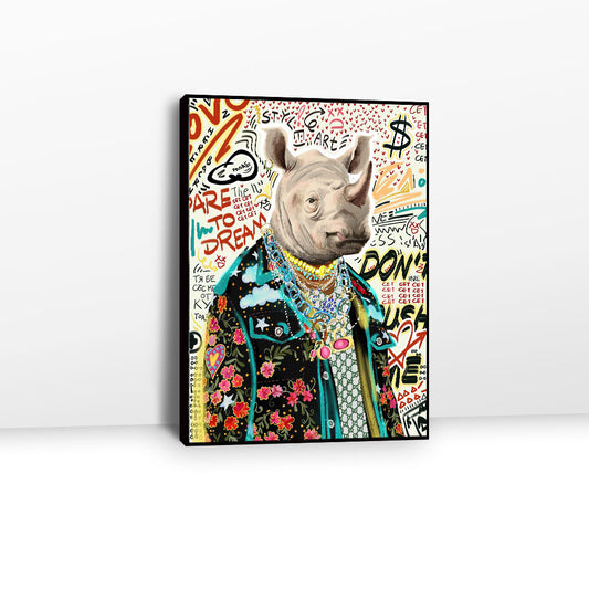 Rhino in Fashion Clothes Graffiti Canvas Wall Art