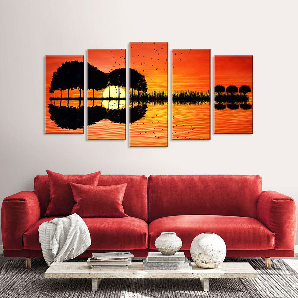 5 Piece Sunset Silhouette Guitar Canvas Wall Art