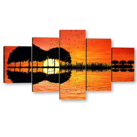 5 Piece Sunset Silhouette Guitar Canvas Wall Art