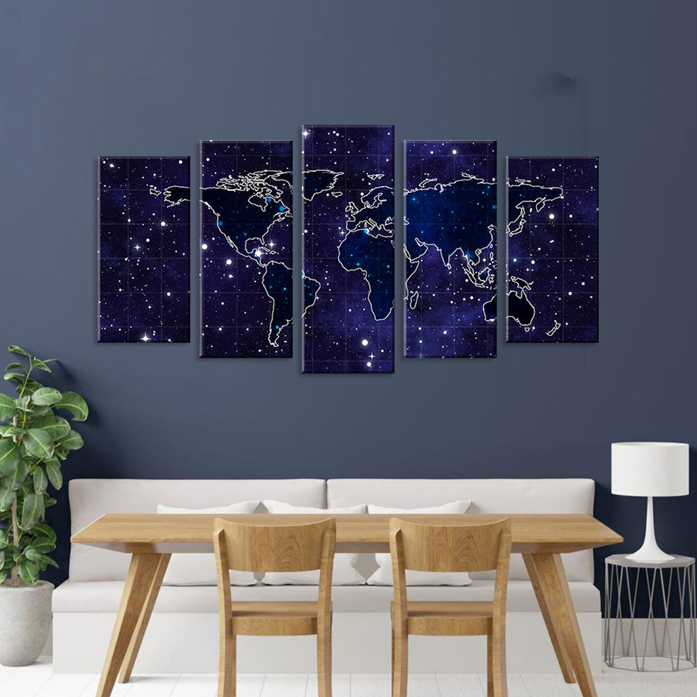 5 Piece Starry Night World Map Canvas Wall Art