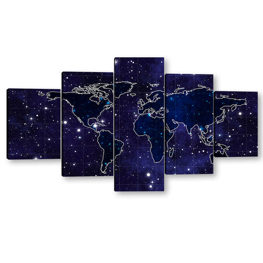 5 Piece Starry Night World Map Canvas Wall Art