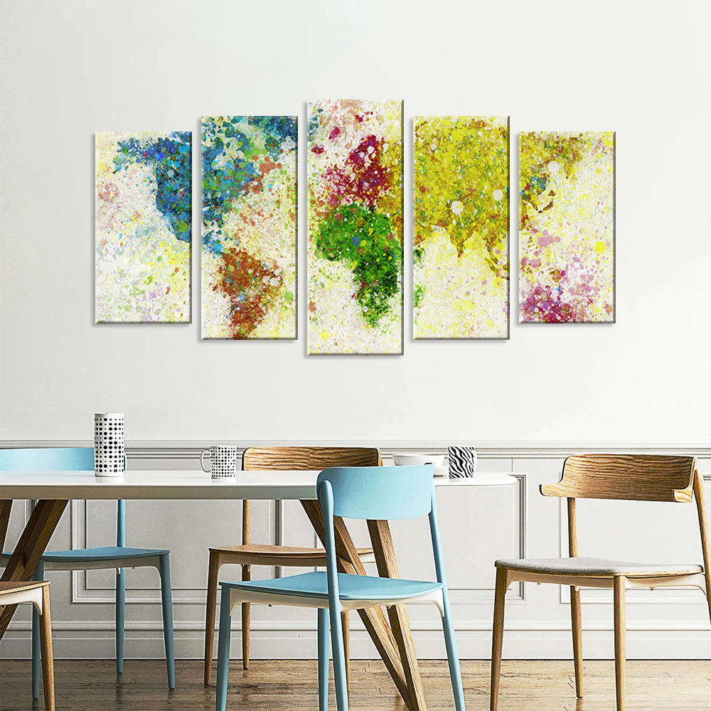 5 Piece Vibrant Abstract World Map Canvas Wall Art