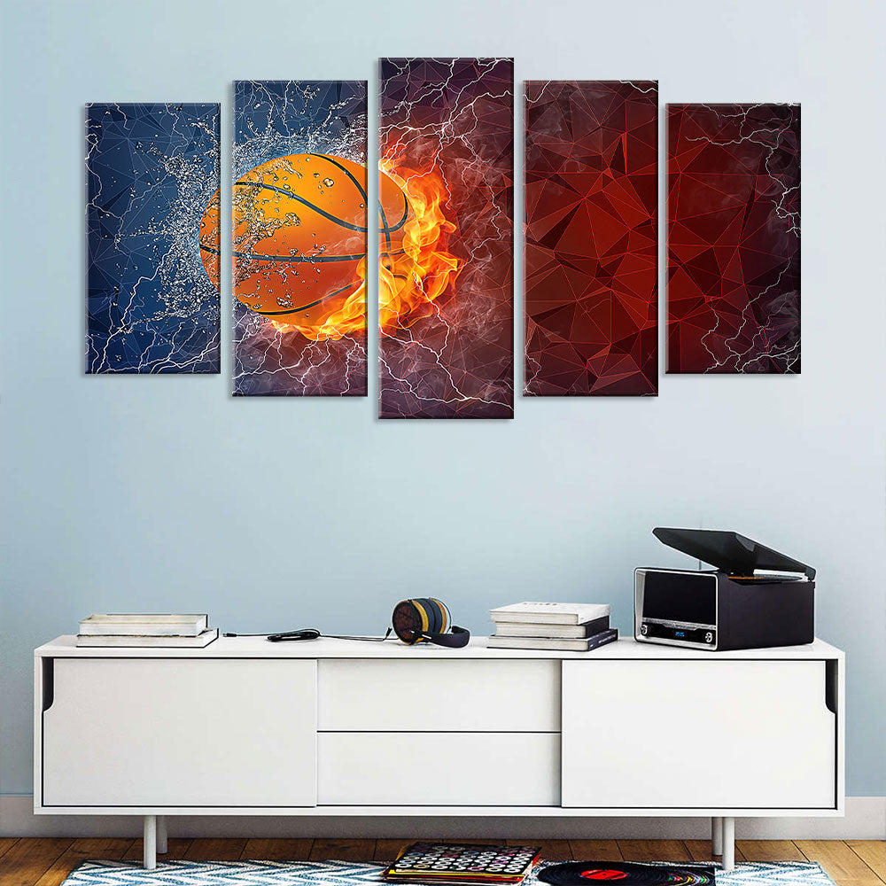 5 Piece Basketball on Fire Canvas Wall Art