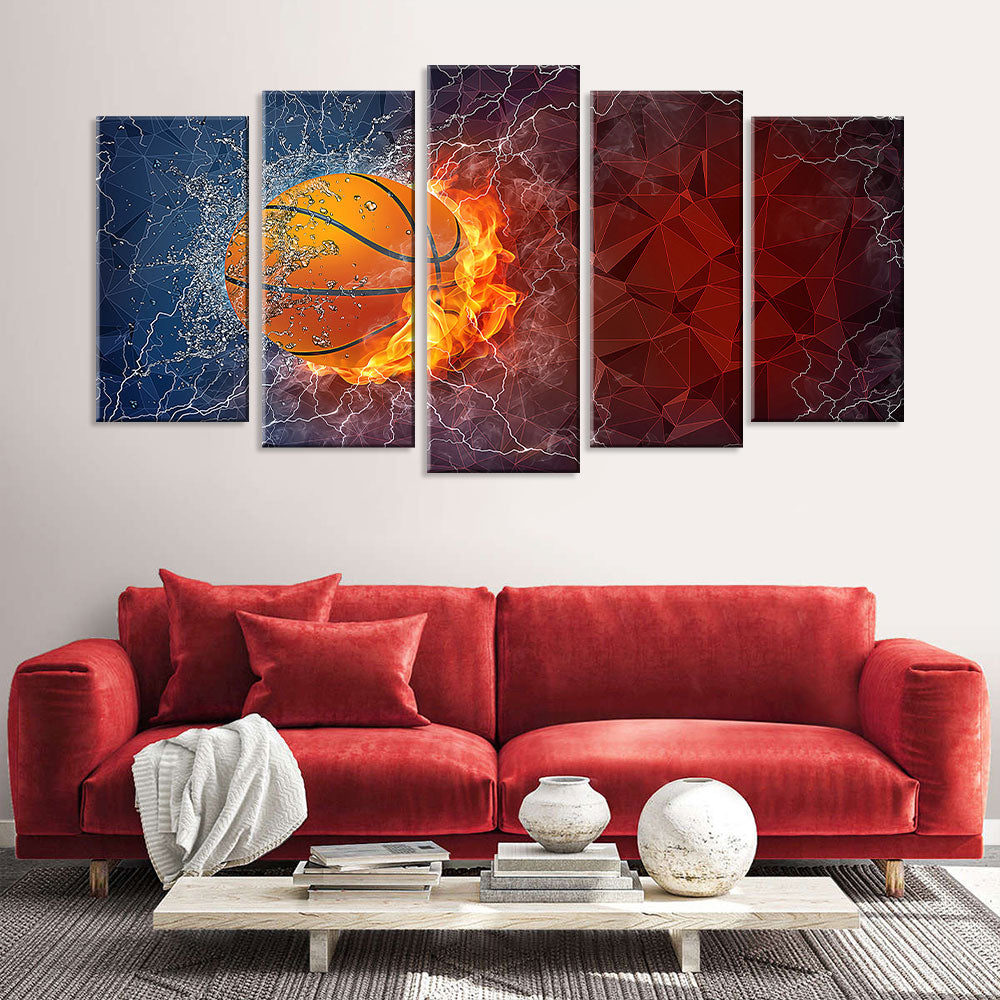 5 Piece Basketball on Fire Canvas Wall Art