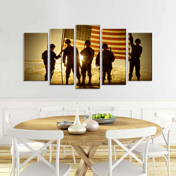 5 Piece Soldier Crew with US Flag in Sunset Canvas Wall Art