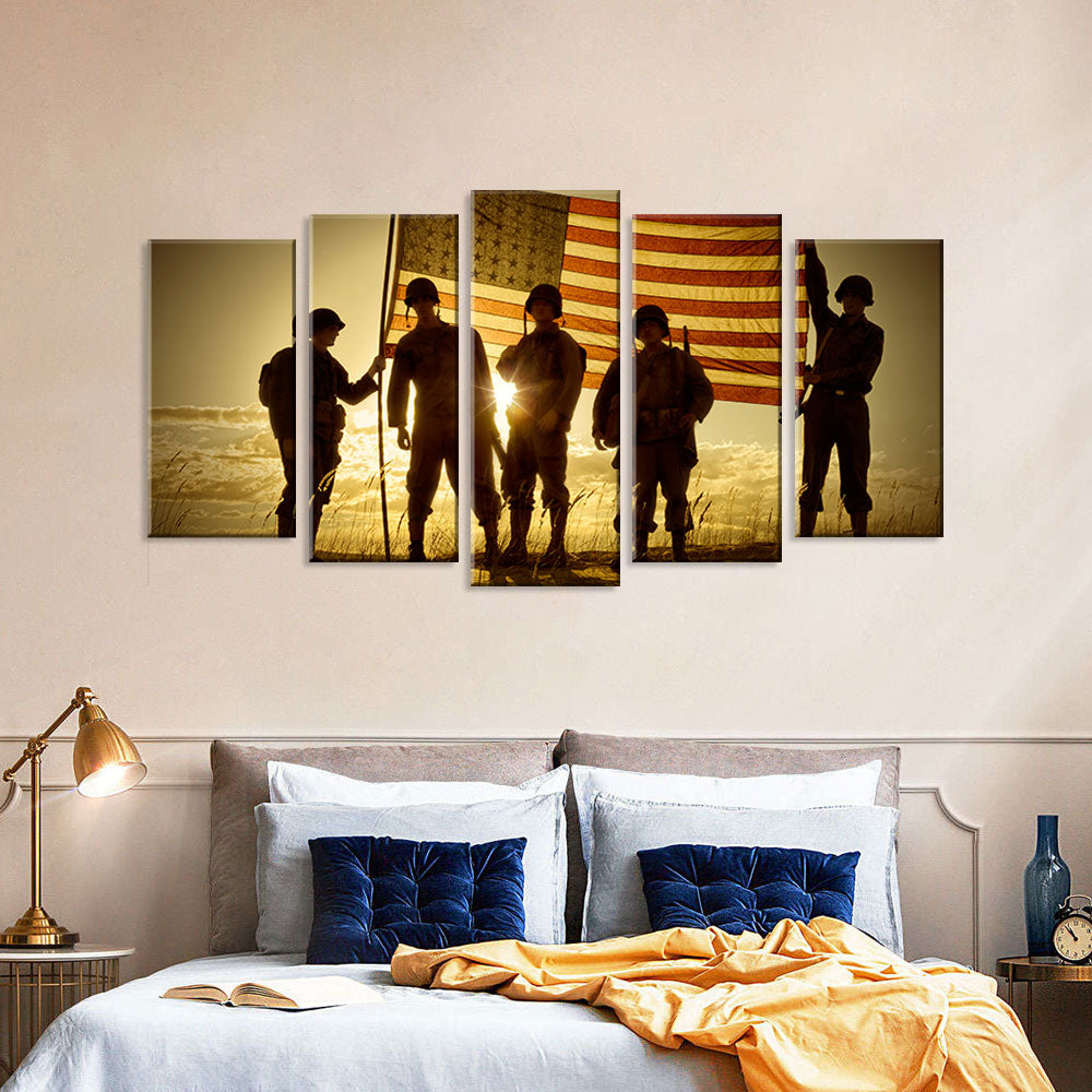 5 Piece Soldier Crew with US Flag in Sunset Canvas Wall Art