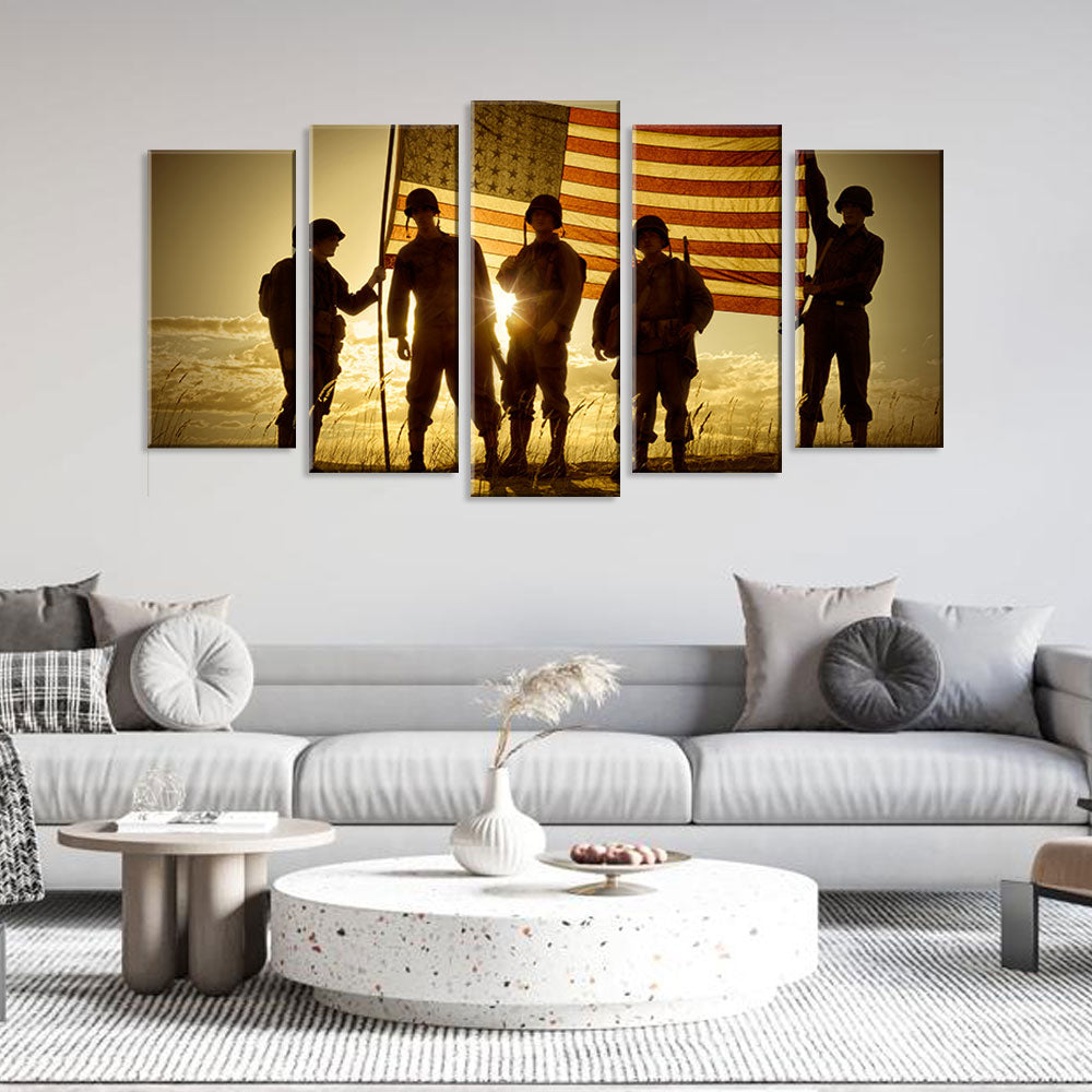 5 Piece Soldier Crew with US Flag in Sunset Canvas Wall Art