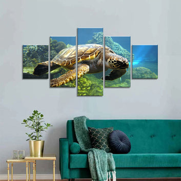 Turtle Swimming in Bottom of the Sea Canvas Wall Art