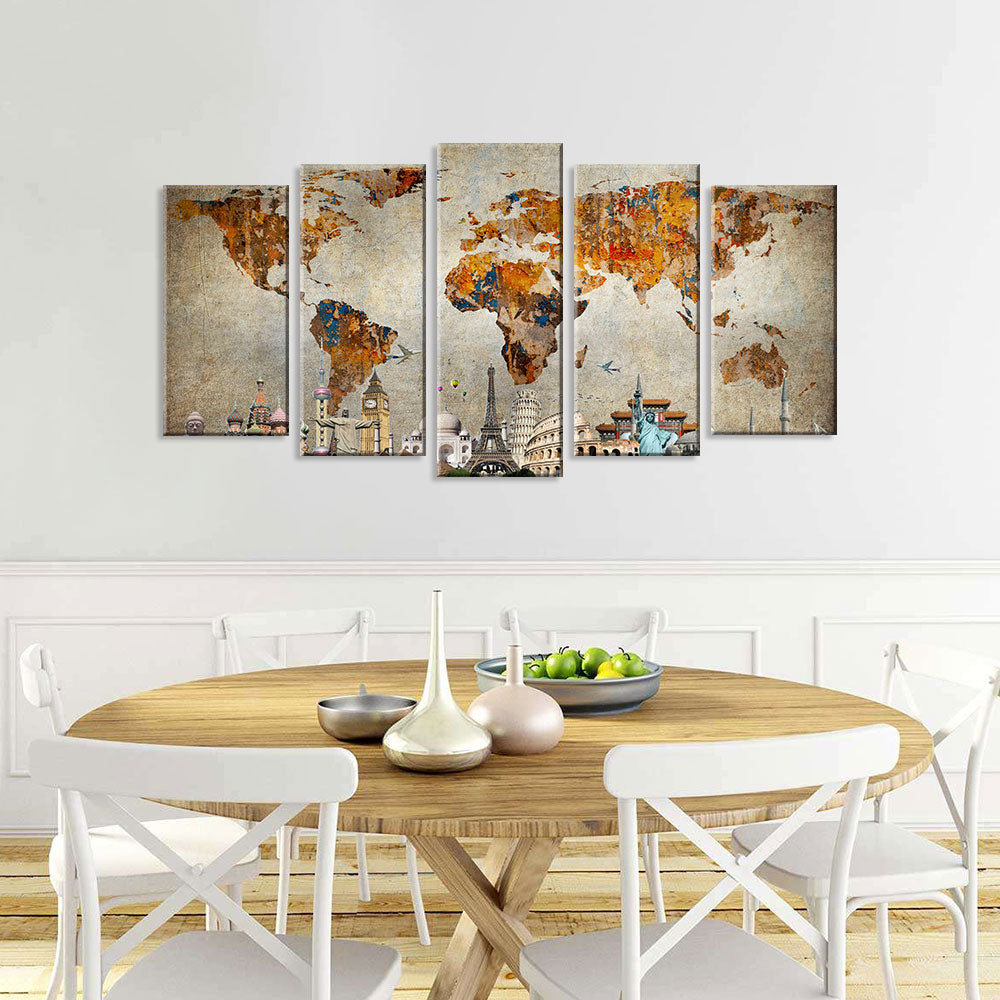 5 Piece Iconic Monuments World Map Canvas Wall Art