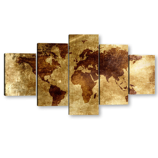 5 Piece Antique Gold-Tone World Map Canvas Wall Art