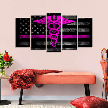 5 Piece Nurse Symbol with American Flag Canvas Wall Art