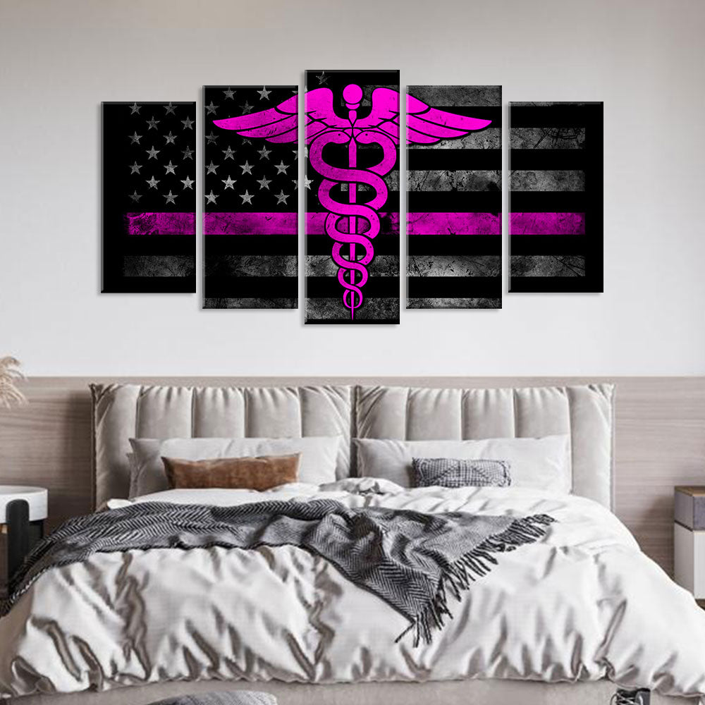 5 Piece Nurse Symbol with American Flag Canvas Wall Art