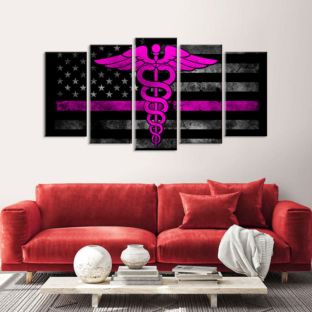 5 Piece Nurse Symbol with American Flag Canvas Wall Art