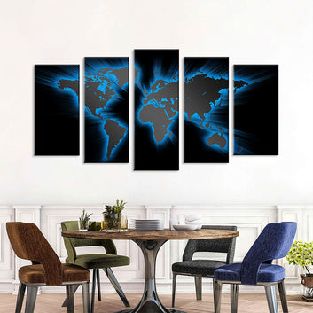 5 Piece Modern Abstract Light Blue World Map Canvas Wall Art