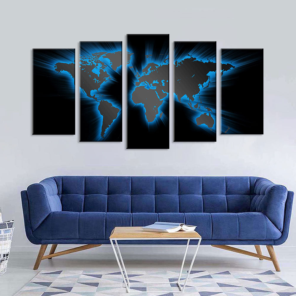 5 Piece Modern Abstract Light Blue World Map Canvas Wall Art