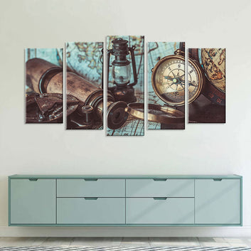 5 Piece Vintage World Map with Compass Canvas Wall Art