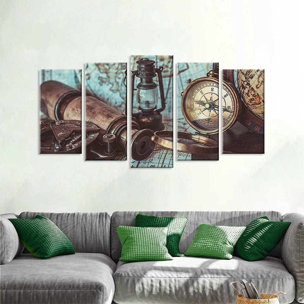 5 Piece Vintage World Map with Compass Canvas Wall Art