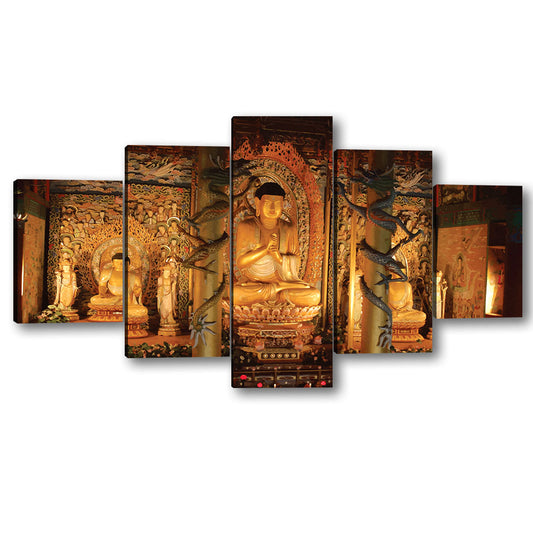 5 Piece Buddha Sitting in Temple Canvas Wall Art