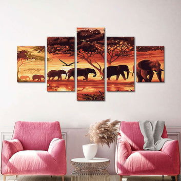 Abstract Elephant Herd In Jungle Canvas Wall Art