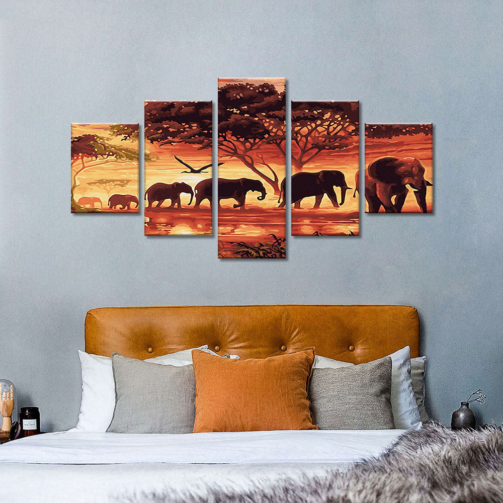 Abstract elephant herd in jungle canvas wall art