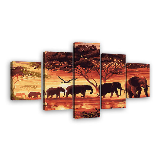 Abstract Elephant Herd In Jungle Canvas Wall Art