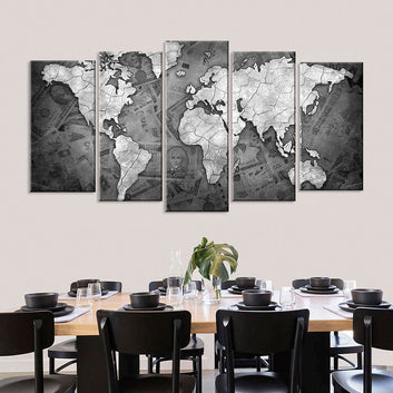 5 Piece Black and White World Map Canvas Wall Art