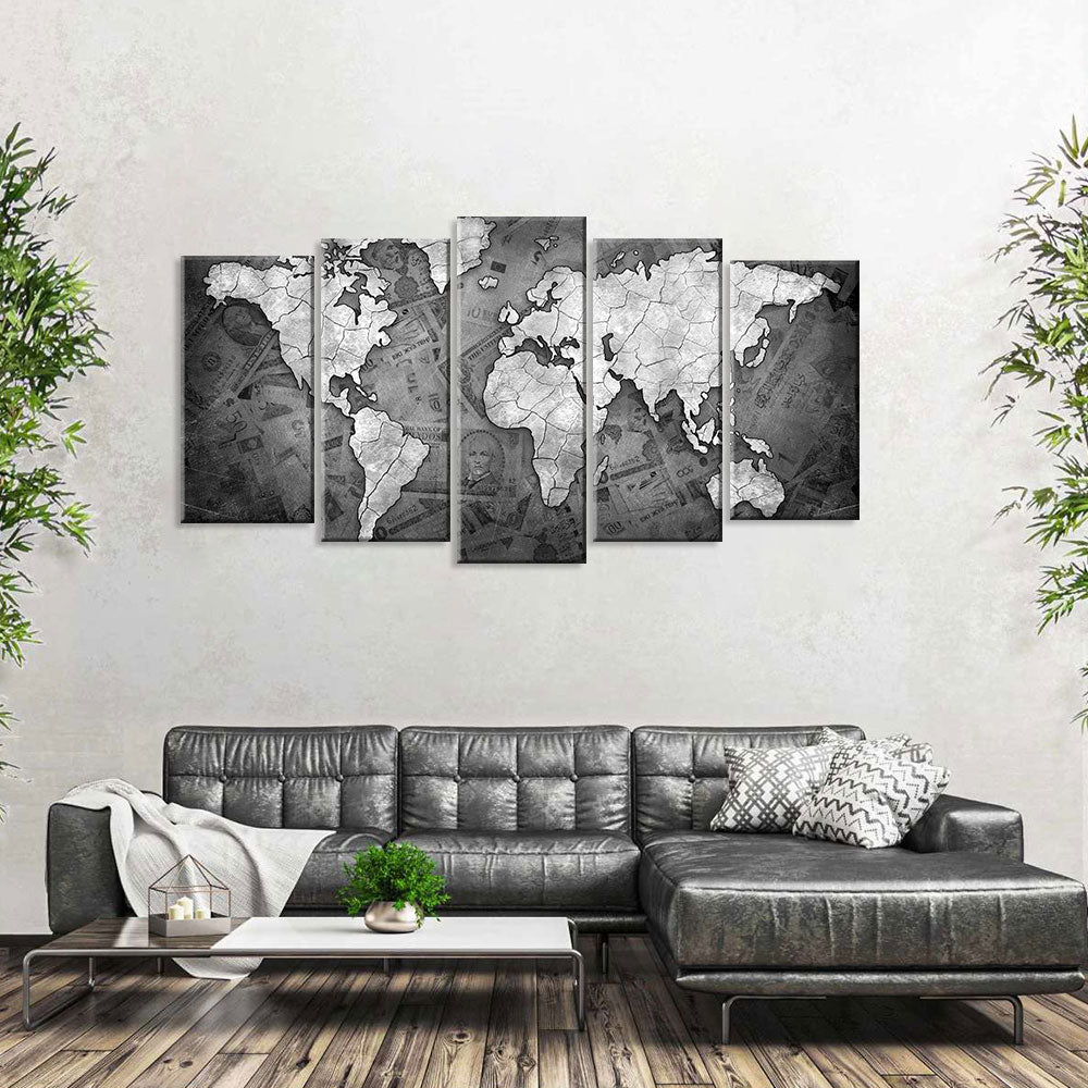 5 Piece Black and White World Map Canvas Wall Art