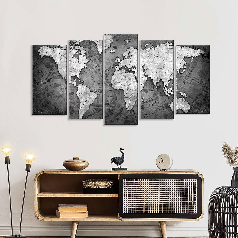 5 Piece Black and White World Map Canvas Wall Art