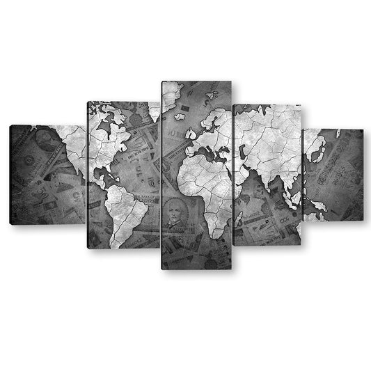 5 Piece Black and White World Map Canvas Wall Art