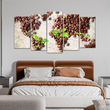 5 Piece Coffee Bean World Map Canvas Wall Art