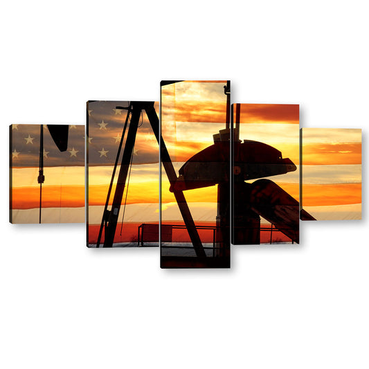 5 Piece Oilfield Equipment in American Flag Canvas Wall Art