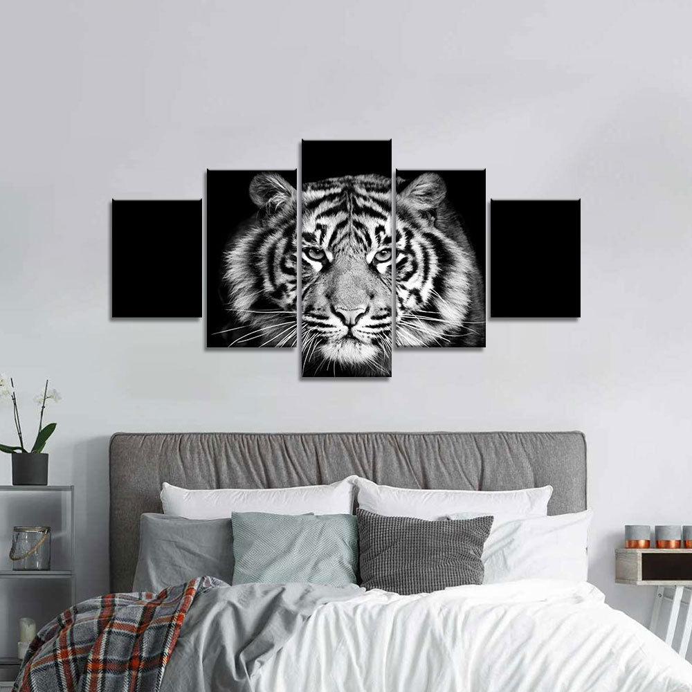 5 piece black and white tiger face canvas wall art