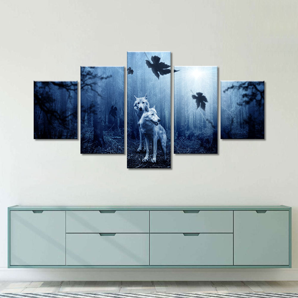 Two wolves in the forest canvas wall art