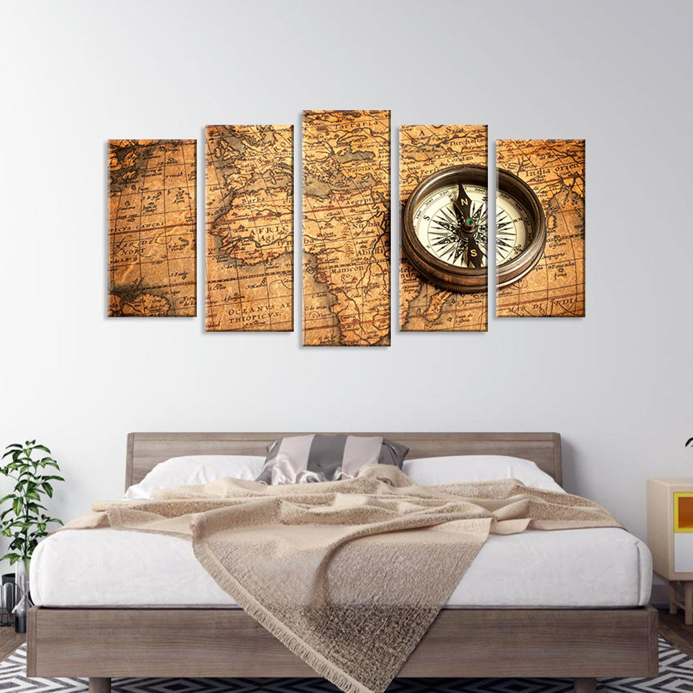 5 Piece Antique World Map with Compass Canvas Wall Art