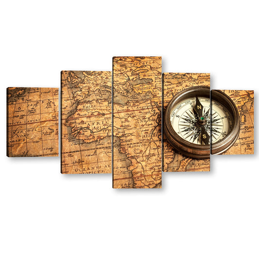 5 Piece Antique World Map with Compass Canvas Wall Art