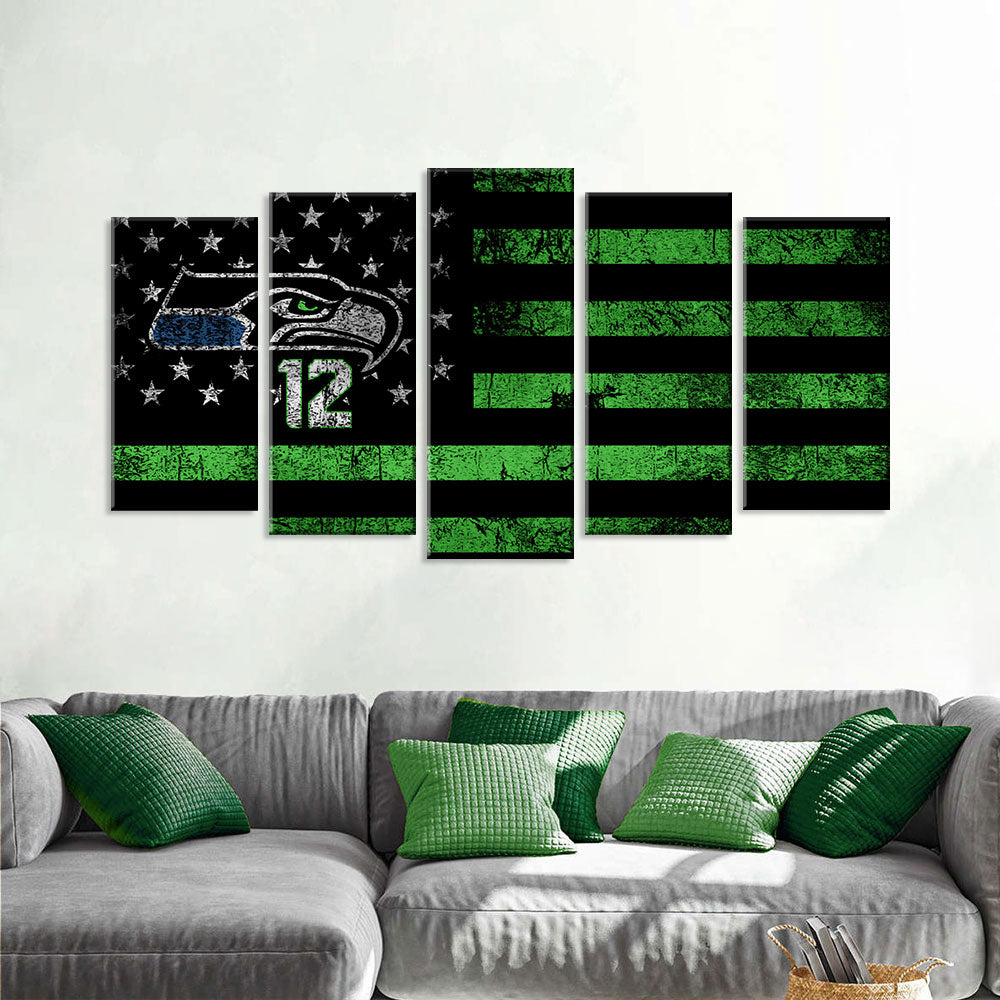 5 Piece Seattle Seahawks in American Flag Canvas Wall Art